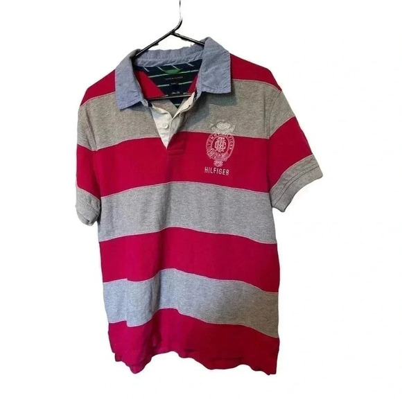 TOMMY HILFIGER SIZE LARGE POLO SHIRT RED AND GRAY STRIPES - Picture 1 of 5